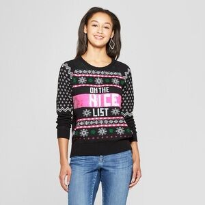 Worn Well Black Christmas Sweater with Pink and White Design. Size M